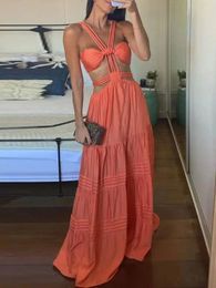 Casual Dresses Hollow Out Dress Bodycon Women Sleeveless A-line Orange V Neck Long Fashion Beach Style Female Robe Summer