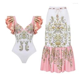 Women's Swimwear Vintage Pink Floral Print Swimsuit 2024 Ruffle Push Up Skirt Monokini Holiday Bathing Suit Tummy Control Surf Wear