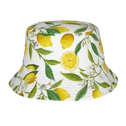 Berets Fruit Lemon Bucket Hat Spring Picnic Headwear Accessories Flower Green Leaves Fishing Cap For Camping Women Panama Foldable