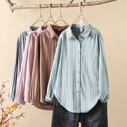 Women's Blouses Korean Style 2024 Spring And Autumn Striped Long Sleeved Single Breasted Loose Collar Casual Shirt Top