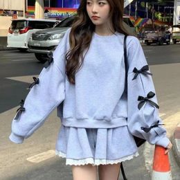 Gym Clothing Blue Bow Shorts Set Korean Trendy Long Sleeve Hoodie And Short Pants Suit Women Spring Autumn Casual Versatile High-end