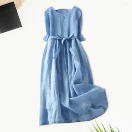 Party Dresses Half Button-up Women Dress Elegant Retro A-line Midi With Belted Waist Pleated Hem For Stylish Summer Vacation