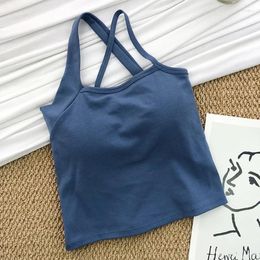 Women's Tanks Women Cross Halter Sexy Crop Tops Summer Solid Colour One Shoulder Back Tank Knit Bra With Inner Pad Spring