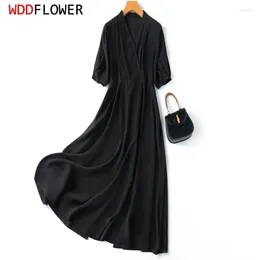 Party Dresses Women Silk Maxi Dress Mulberry Crepe Solid Colour Black V Neck Belted Waist Long Big Hem M L XL MM891