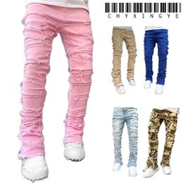 Streetwise Stretch Patch Jeans For Men Bottom Baggy Mens Clothing Summer Solid Fashion Mid Waist Patchwork Long Pants Male 240430