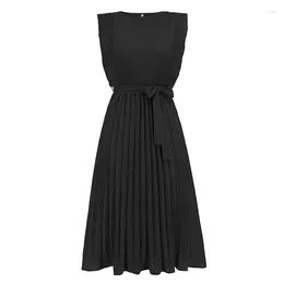 Casual Dresses Ruffle Sleeve Pleated Dress Women Elegant Office Solid Color O Neck Lace Up High Waist Pullover Long 2024 Summer