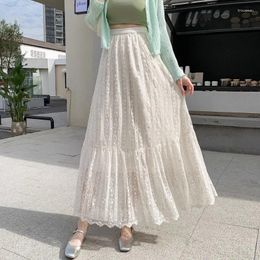 Skirts Vintage Mesh Lace Skirt Elastic Waist Embroidery Hollow Out French-chic A Line Sweet Long Korean Style Drop