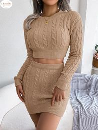 Work Dresses Women Two Piece Warm Set O-Neck Pearl Beading Knitted Pullover Pencil Skirt Elegant 2 Suits For 2024 Winter Spring