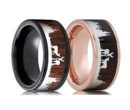 8MM Black Stainless Steel Ring For Men Women Koa Koa Wood Inlay Deer Stag Hunting Silhouette Ring Wedding Band Jewellery Fo Man5214778