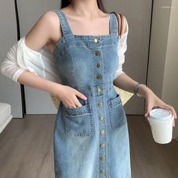 Casual Dresses Large Size Retro Suspender Denim Dress Women Tassel Single-breasted Slip Long Summer Strap High Waist Slim