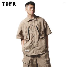 Men's Casual Shirts Pocket Cargo Short Sleeve Mens Solid Colour Summer Safari Style Loose Lapel Half-Sleeve Asymmetrical Hem Men
