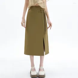 Skirts Chinese Style Front Slit Midi Women 2024 Spring Summer High Waist Straight Skirt Ladies Elegant Buttons Long