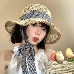 Wide Brim Hats Women Straw Hat Summer Sun Korean Style Plaid Strap Ladies Travel Beach Flat Panama Cap Outdoor UV Protection