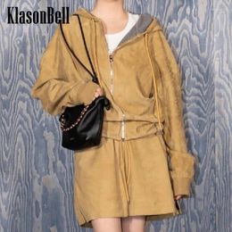 Women's Tracksuits 4.8 KlasonBell Fashion Celebrity Same Suede Sheepskin Set Hooded Zipper Loose Jacket Or Lace-up Bow Elastic Waist Shorts
