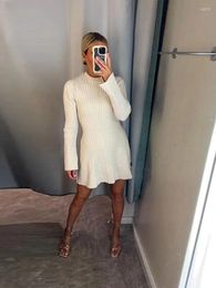 Casual Dresses Female Elegant Solid Ribbed Knitted Dress Fashion O Neck Long Sleeve Mini 2024 Autumn Winter Women Party Club Robes