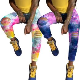 Women's Jeans Arrive Street Tie Dye Print High Waist Washed Ripped Woman Denim With Color Long Pants Clothing