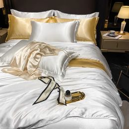Real 100 Silk Bedding Sets Luxury White Duvet Cover Set Fitted Flat Bed Sheet Pillowcase Natural Skin Friendly Cool 240425
