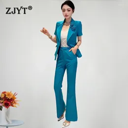 Women's Two Piece Pants ZJYT Office Lady Blazer Suits Pant Sets 2 Women Short Sleeve Jacket And Trousers Set White Outfit Spring Summer Work