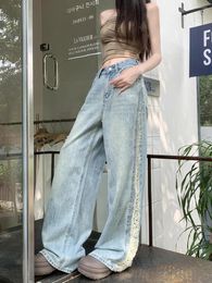 Women's Jeans Benuynffy American Retro Side Ripped Spring Summer Streetwear Straight Loose High Waist Boyfriend Wide Leg Pants