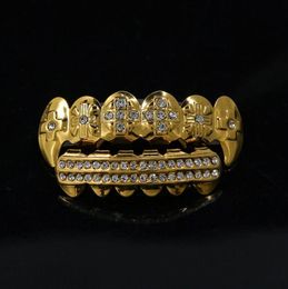 24K Gold Teeth Grillz Rhinestone TopBottom Shiny Grills Set ICED OUT Teeth Hip Hop Jewelry6626267