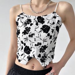 Women's Tanks Women Summer Floral Printed Sexy Tank Tops With Bra Pad Off Shoulder Elastic All-match Crop Slim Backless Pleated Camis