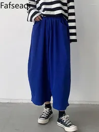 Women's Pants Blue Retro Bloomers Oversize Casual Elastic Waist Wide Leg Trousers Vintage Baggy Harem For Women Cotton