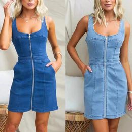 Casual Dresses Women Dress Bodycon Mini Sleeveless Zipper Round Neck Denim Vestidos Elegamt Party Club High Waist Y2k Summer