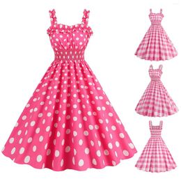 Casual Dresses Women Vintage Plaid Polka Dot Print Dress Elegant Ladies Spaghetti Strap Robe Swing Retro Party Evening Gowns Vestidos