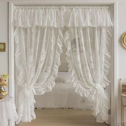 French Elegant White Embroidery Ruffle Tulle Curtain with Valance For Girls Bedroom Living Room Sheer Drapes Rideaux Voilage 240429