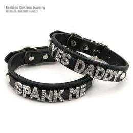 Sexy Rhinestone Letters Yes Daddy Spank Me Choker Collar Necklaces Men Women Punk Role Age Play Leather Chocker Cosplay Jewellery 240416