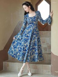 Casual Dresses Romantic Blue Print Lady Dress Vintage Chic Korean Design Beading Flare Sleeve Elegant Woman Midi Vestido Festa