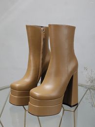 Dress Shoes Fashion Short Boots For Women Round Head Double Waterproof Platform 15CM High Heels Thick Heel Side Zipper