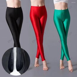 Women's Leggings Invisible Open Crotch Outdoor Sex Ice Silk Solid Color Fluorescent Pants Glossy 9 Divide Fitness Yoga