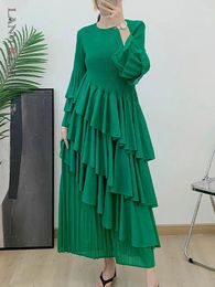 Casual Dresses LANMREM 2024 Spring Ruffles Pleated Dress Women Round Neck Flare Sleeves Loose Chic Long Length Female Party Clothes 2DA3391