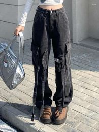 Women's Jeans Woman High Waist Straight Tube Lady Black Feminine European Street Belt Design Trousers Female Washed Cargo Pants