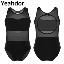 Stage Wear Kids Girls Sleeveless Mesh Splice Cutout Back Ballet Dance Gymnastics Leotard Jumpsuit Ballerina Bodysuit Leotards