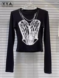 Women's T Shirts Gothic Women Casual Slim Fit Black T-Shirt 2024 Spring Long Sleeve O-Neck High Street Fashion Printed Pullover Tops Female