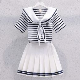 Summer Girls Suit Korean Style Sailor Collar Stripe Short SleevePleated Skirt 2Pcs Suits Jk Uniform Skirt Outfits for Girl 3-13 240426