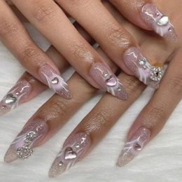 24Pcs Pink Round Head Almond Fake Nails with Heart Shape Wearable Ballerina False Nail Tips Full Cover Press on 240423