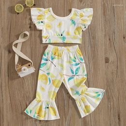 Clothing Sets 0-5Y Kids Girls Summer Outfits Lemon Print Sleeve Tops Shirts Flare Pants Fashion Children Holidays Clothes