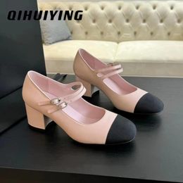 Dress Shoes Classics Mix Colors Genuine Leather Buckle-Strap High Heel Mary Janes Pink Color Office Lady Women Ballet Sapato Feminino