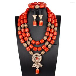 Necklace Earrings Set Nigerian Wedding Artificial Coral Beads Jewellery Golden Pendant For Women Nigeria Bridal Costume