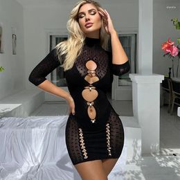 Casual Dresses Women Fashion 2024 See Through Hollow Out Rompers Lace Sleeveless Bodycon Slim Brilliant Sexy Dress Streetwear Summer