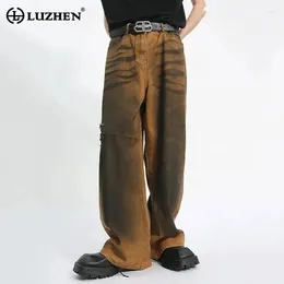 Men's Jeans LUZHEN Personality Street High Ripped Fashion Contrast Colour Retro Style Mid-rise Loose Male Denim Pants 9C5742