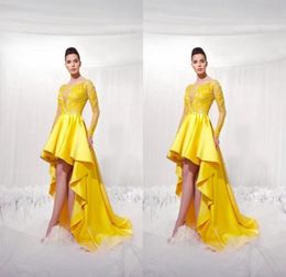 2022 Yellow Short Front Long Back Homecoming Dresses With Illusion Long Sleeves Modest Applique High Low Prom Party Gowns For Girl6331049