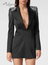 Casual Dresses Ailigou 2024 Women's Black Luxury Diamond Tassel V-neck Long Sleeved Boydcon Mini Dress Suit Coat Elegant Party