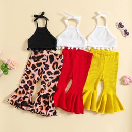 Clothing Sets FOCUSNORM 1-5Y Fashion Toddler Kid Girls Clothes Sleeveless Tie-up Halterneck Tasselled Vest Solid/Leopard Flare Pants