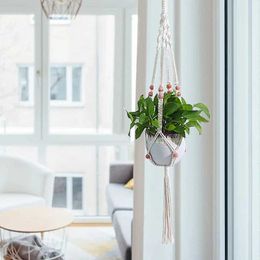 Planters Pots Hanging Plant Basket Handmade Cotton Rope Hanger Flower Pot Macrame Wall Decor Garden Courtyard Hanging Planter Bohemian Decor