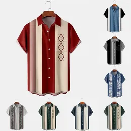 Men's Casual Shirts Summer Clothes Fashion Four-sided Elastic Shirt Striped Patchwork Colour Lapel Street Short-sleeved Male Teen Top