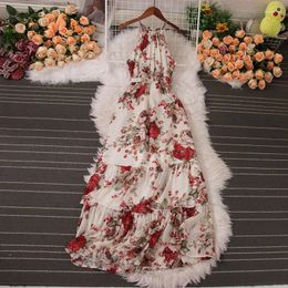 Casual Dresses Holiday Beach For Women Floral Print Halter Neck Sleeveless Female Cake Dress Ladies Summer Elegant Vestidos Dropship